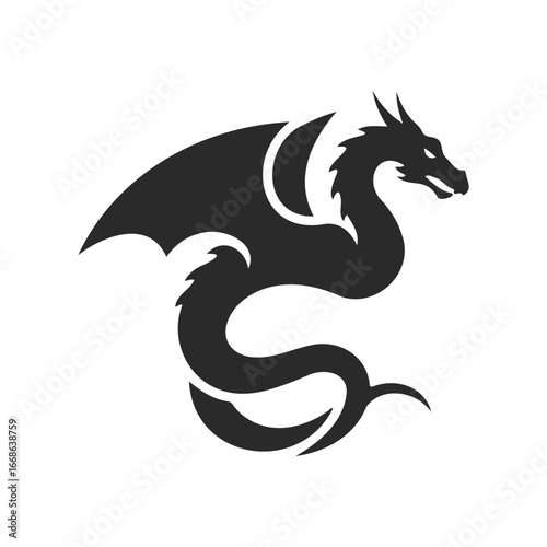 Black dragon silhouette with wings and tail in profile