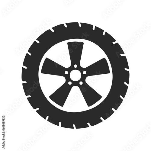 Black car tire icon on white background: wheel, rubber, spoke, circular symbol