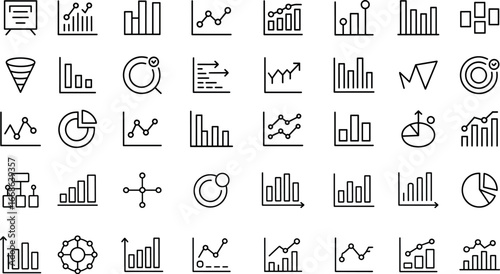 Minimal Graph Outline Icon Set – 30 editable thin line graph icons for reports, dashboards, finance, and statistics. Useful for business apps, infographics, and presentations. 
