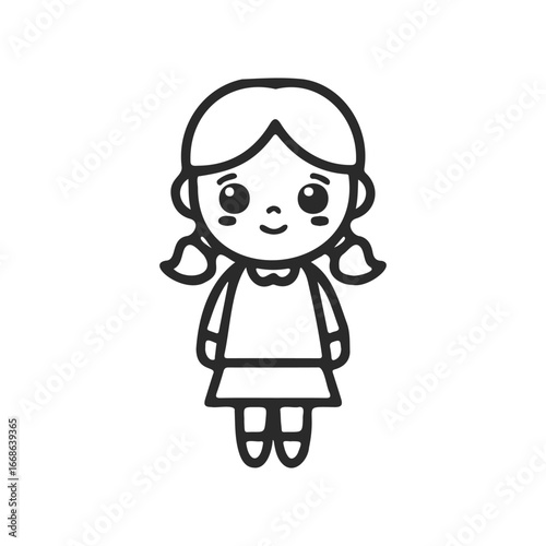 Cute cartoon of young caucasian female child with pigtails in simple dress