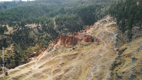 Hoodoo rock formations in an Andean forest in Peru.