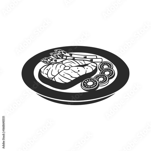 Black and white illustration of sushi platter with salmon and kiwi slices
