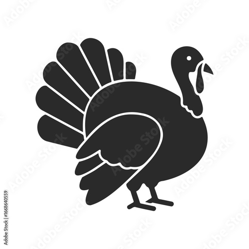 Silhouette of a turkey with feathered tail on white background
