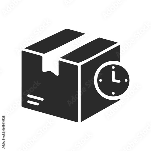 Delivery box icon with clock symbol on white background