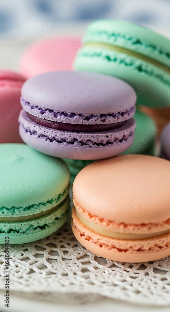 Fototapeta premium Colorful macarons stacked on a lace doily.
