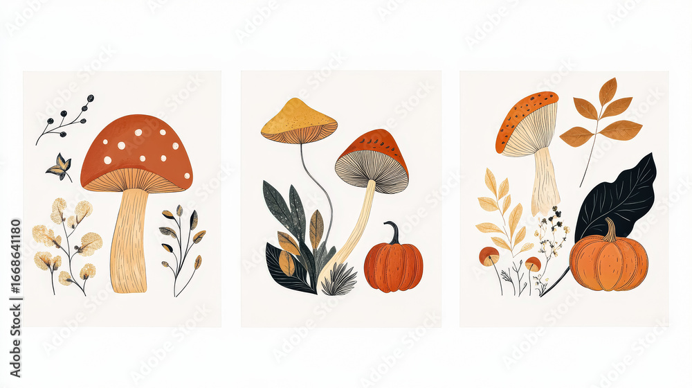 Naklejka premium Three paintings of mushrooms and pumpkins