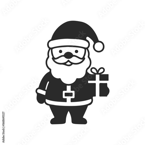 Cute cartoon santa claus holding gift in black and white illustration