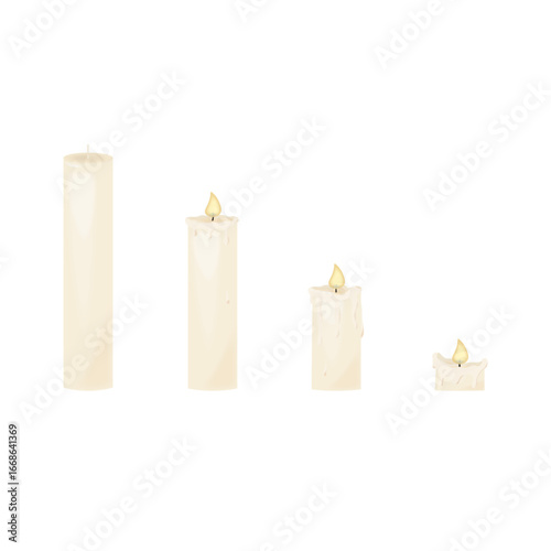 Candle Melting Stages. 4 white wax candles, progressively shorter as they melt from burning.