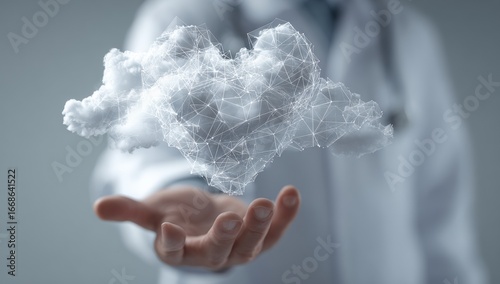 A doctor's hand holds a digital cloud