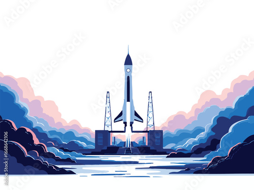 Rocket Launching into Space with Clouds