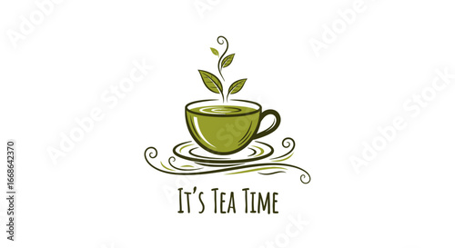 Hand-drawn logo of a green teacup with a sprouting plant, symbolizing natural herbal beverages and a refreshing break