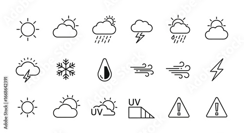 Modern line art vector icons for various weather conditions and daily forecast elements, including sun, clouds, rain, wind, snow, and UV indicators, ideal for digital interfaces