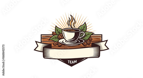 Vintage hand-drawn coffee shop emblem featuring a steaming cup, roasted beans, and a blank ribbon banner on a wooden plank