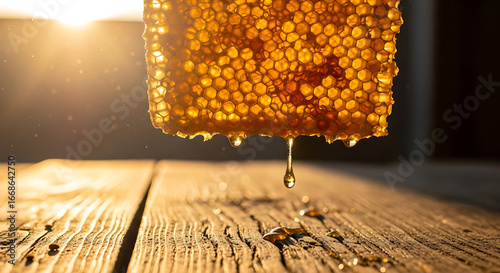 Honeycomb dripping with honey in the warm sunlight on wooden planks