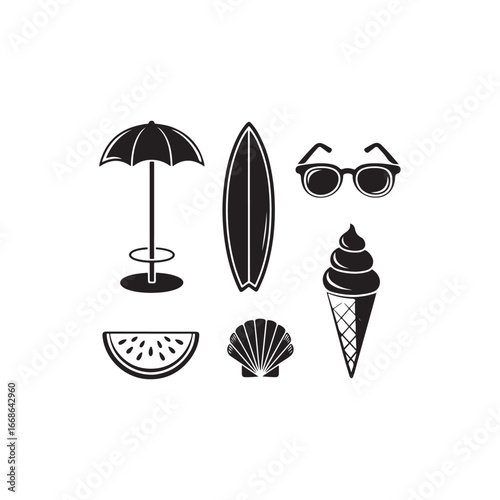 Simple black and white summer icons for beach lifestyle.A collection of black silhouette icons representing popular summer beach activities and elements.