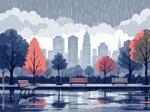 City Park in Rain with Autumn Trees