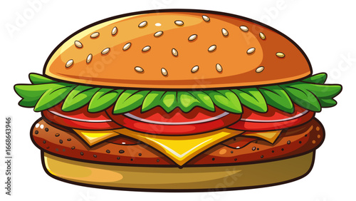 Delicious, juicy hamburger isolated on white background. Classic cheeseburger with fresh beef patty lettuce, tomatoes, onion, pickle, mayo, ketchup. Tasty american fast food snack or meal