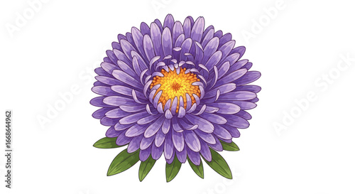 Close up of a single purple aster flower with yellow center.