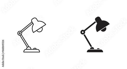 Simple desk lamp illustrations in line and solid black on white background