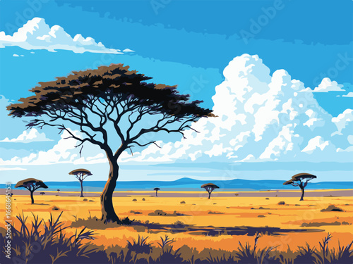 African Savannah Landscape Vector Illustration