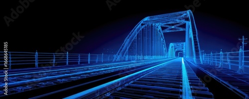 Panel kuchenny z motywem Futuristic blue bridge with rail tracks in a dark setting