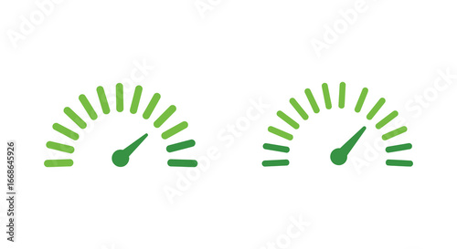 Green speedometer gauges with rising needles on white background