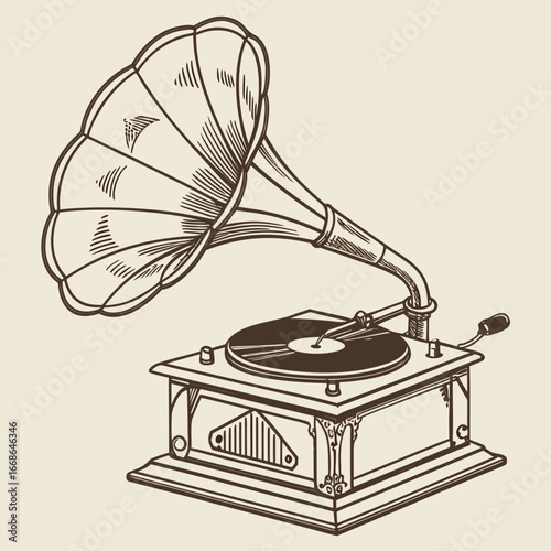 Vintage antique gramophone with a vinyl record on a white background, capturing the retro design and nostalgic sound of old audio equipment