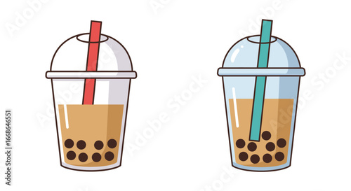 Two cups of bubble tea with straws and boba on a white background