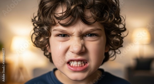 Close-up of a young boy with a frustrated expression.  A single tear streaks down his cheek.  Blurred background of interior lighting