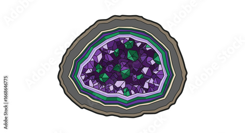 Geode Slice with Purple and Green Crystals Natural Mineral Art.