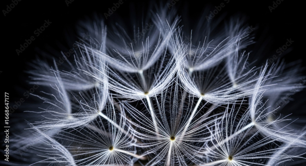 Naklejka premium Close-up of delicate dandelion seeds against a dark background, showcasing intricate details and textures