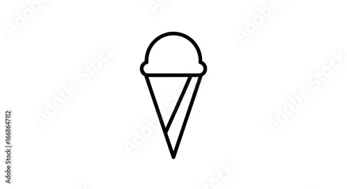 A simple black and white line art drawing of an ice cream cone on a white background, perfect for summer treats and dessert menus