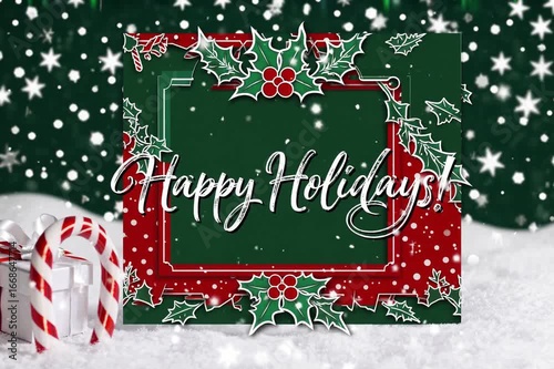 Wallpaper Mural Holiday greeting card template video with falling snow animation, frame for inserting photo, festive text animation, red and green theme. Generative AI Torontodigital.ca