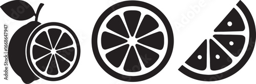 Three stylized black and white illustrations of lemons, including a whole lemon with a slice and two separate slices.