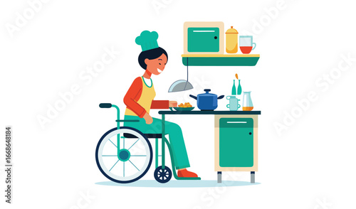Chef in a wheelchair preparing food in a modern kitchen