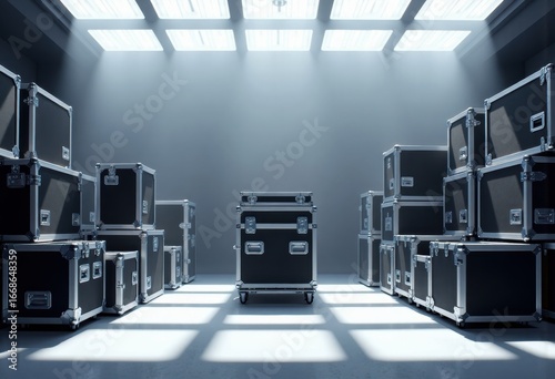 Equipment cage custodian near a stack of flight cases in a well-lit space