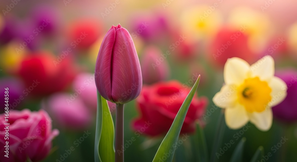 Fototapeta premium Spring tulips and daffodil bloom