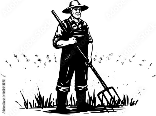 a farmer with a pitchfork standing against a white background amidst tall grass during harvest season