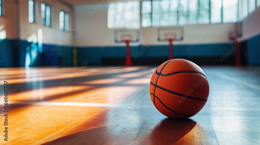 Obraz premium A basketball on a gym floor with a basketball hoop in the background.