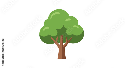 Stylized illustration of a leafy green tree with a brown trunk and branches, set against a white background