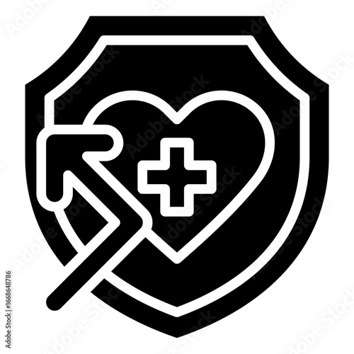 Health Resilience Glyph Black Silhouette Icon Design Vector - Shield with heart and arrow showing resilient healthcare infrastructure planning