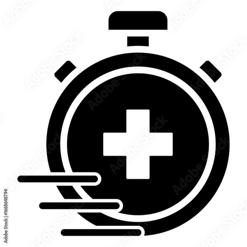 Medical Response Glyph Black Silhouette Icon Design Vector - Stopwatch with medical cross, symbolizing rapid emergency medical response