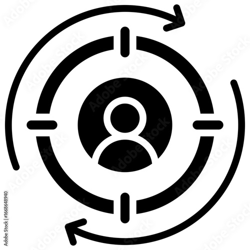 Retargeting Glyph Black Silhouette Icon Design Vector - circular arrow with a user symbol in the center, representing retargeting and remarketing in digital marketing