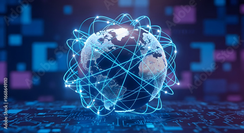 Fototapeta Naklejka Na Ścianę i Meble -  Global Network Digital Globe Surrounded by Glowing Connections, Illustrating Worldwide Communication