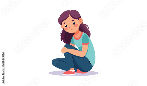Young woman crouched down looking sad and worried