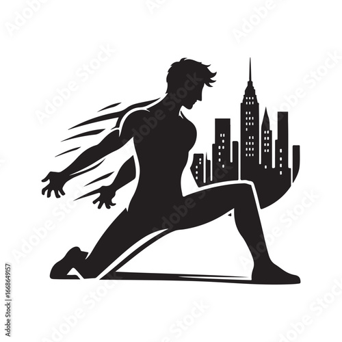 superhero pose vector silhouette clip art logo design illustration. superhero city sports icon collections.