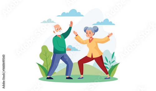 Elderly couple practicing tai chi in a park