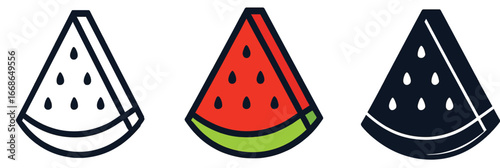 Three triangular watermelon slices are depicted in outline, full color, and silhouette styles, showcasing a popular summer fruit.