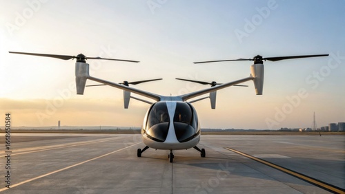 A futuristic eVTOL vehicle positioned on an airport runway, showcasing advanced rotor technology against a sunset backdrop.