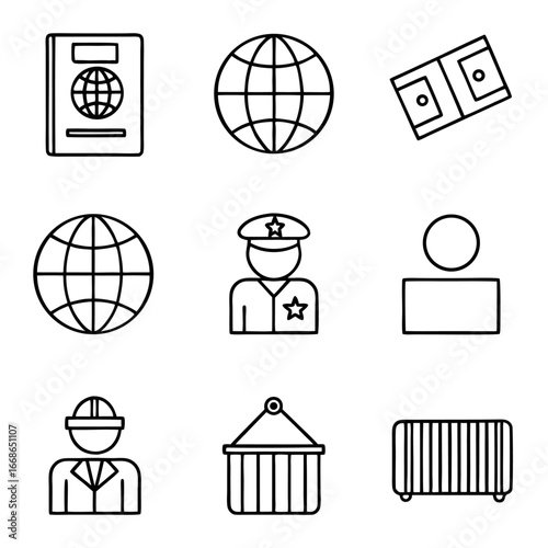Line art icons representing travel, security, and trade